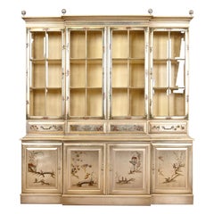 Karges Furniture Style Chinoiserie Silver Gilt Breakfront Bookcase Cabinet