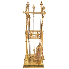 Victorian Aesthetic Movement Brass Firetool Stand with Tools
