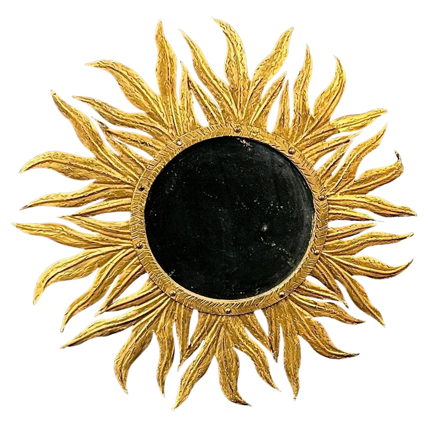 Mid- 20th Century French Sunburst Gold Gilt Metal Wall Mirror For Sale