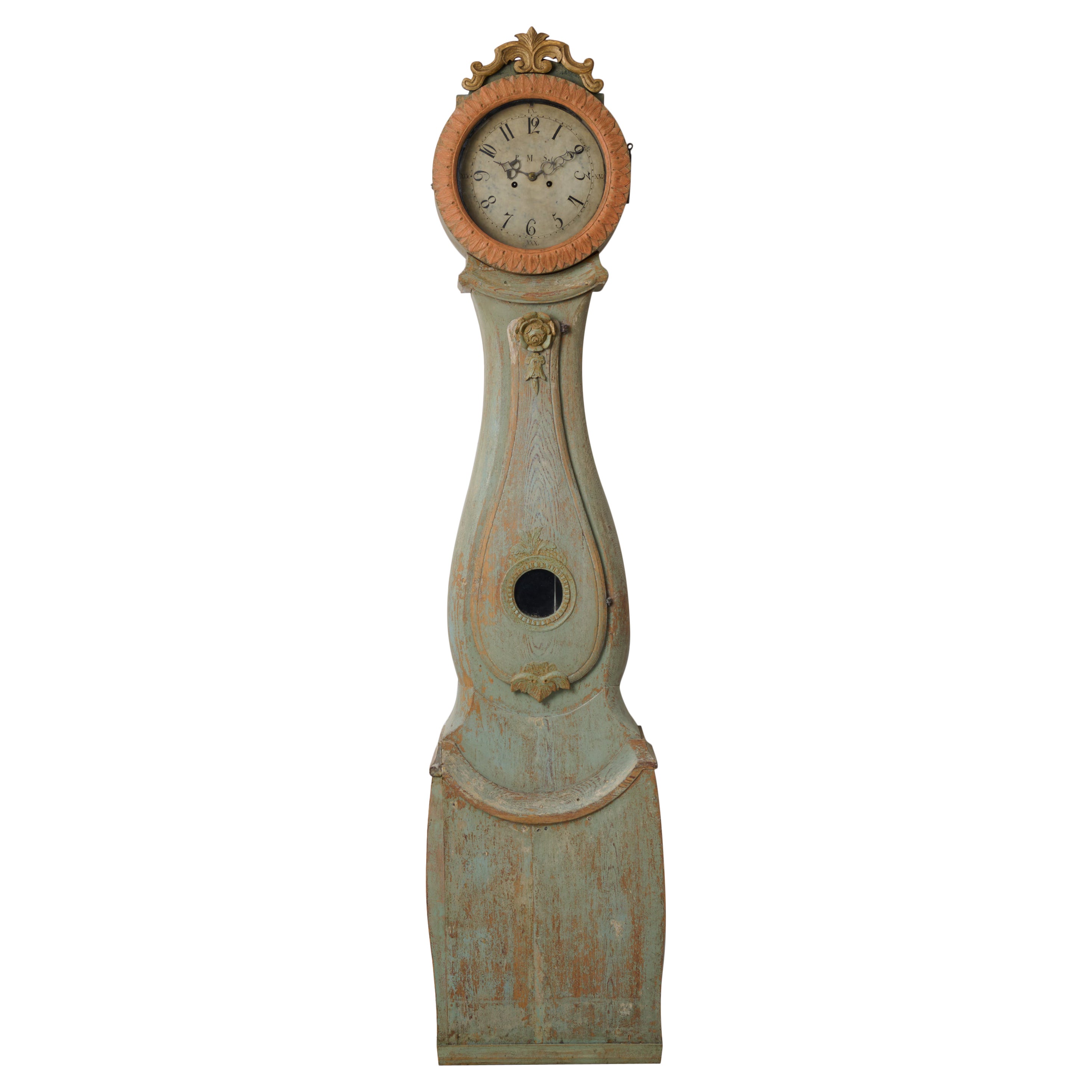 Antique Country Long Case Clock in Rococo Style from Sweden with Original Paint