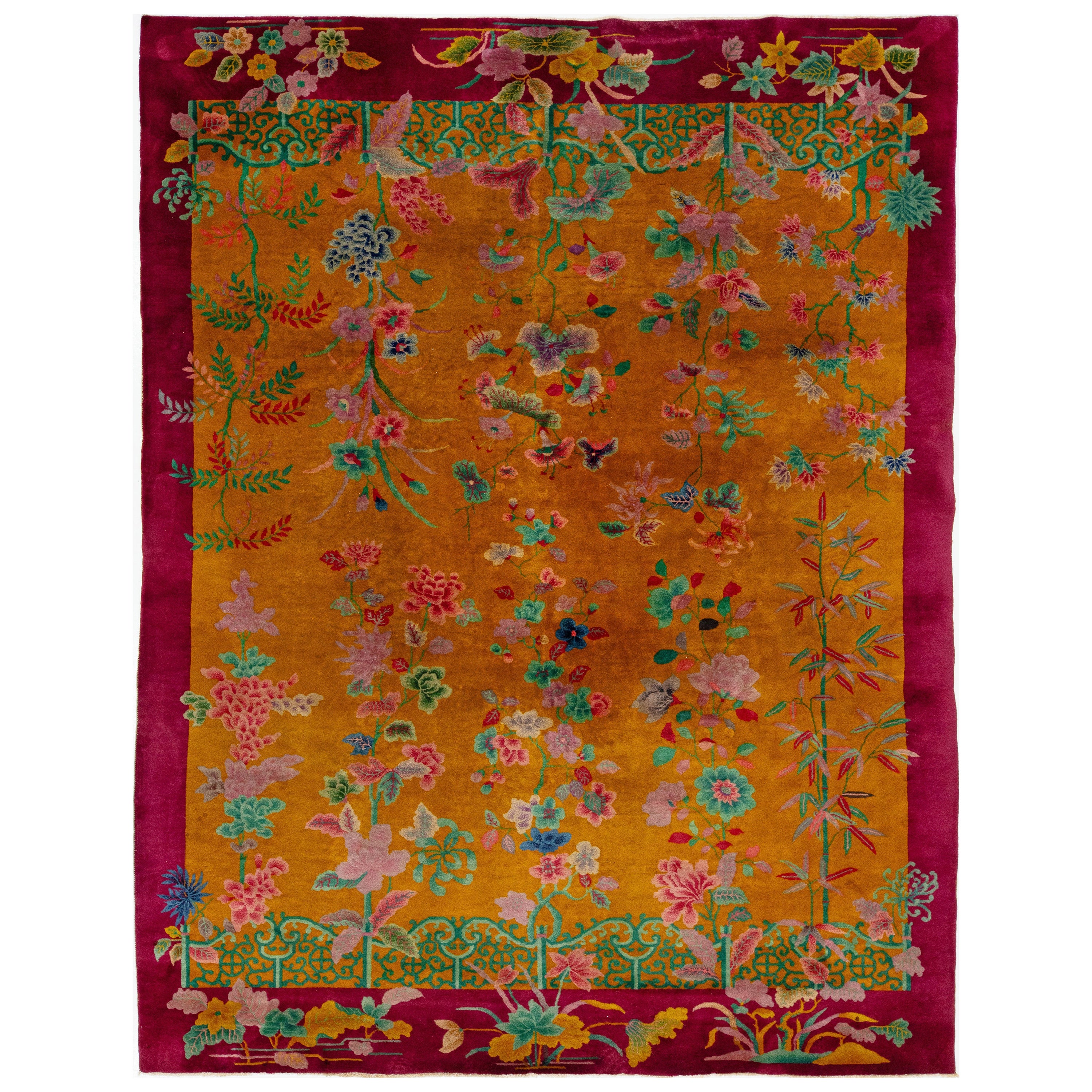 Alfombra de lana china Art Decó de diseño antiguo hecha a mano en color vara de oro