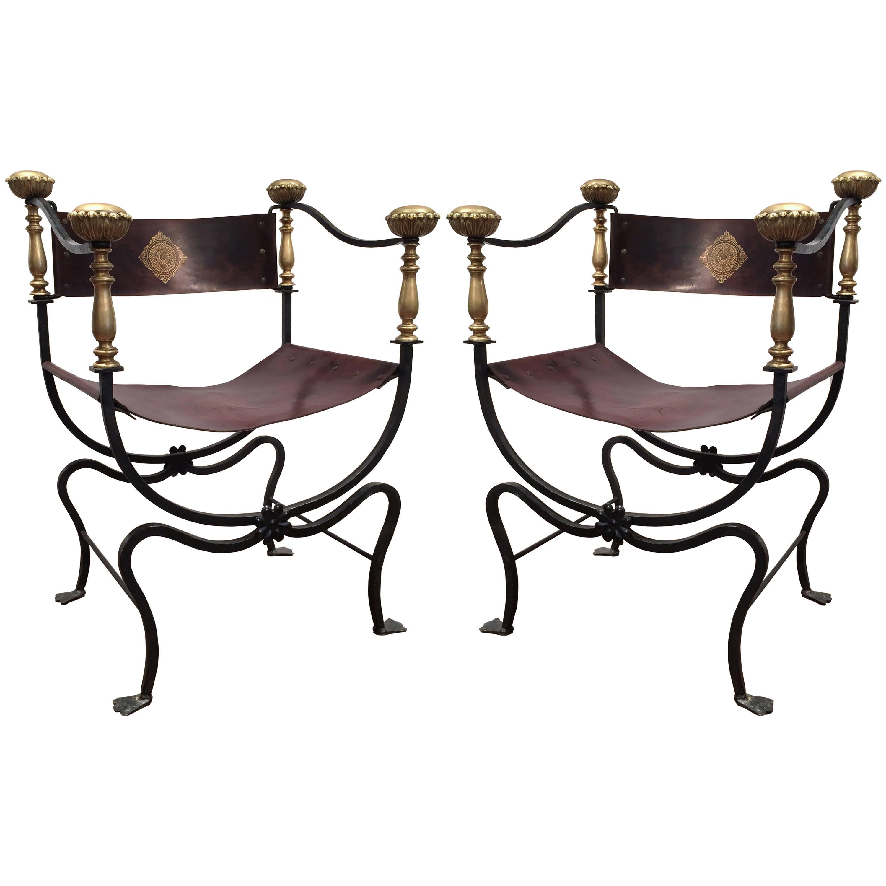 Pair of 19th Century Italian Campaign Wrought Iron Chairs with Original Leather