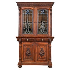 Antique French Renaissance Revival Carved Oak Breakfront Bookcase or Bar Cabinet
