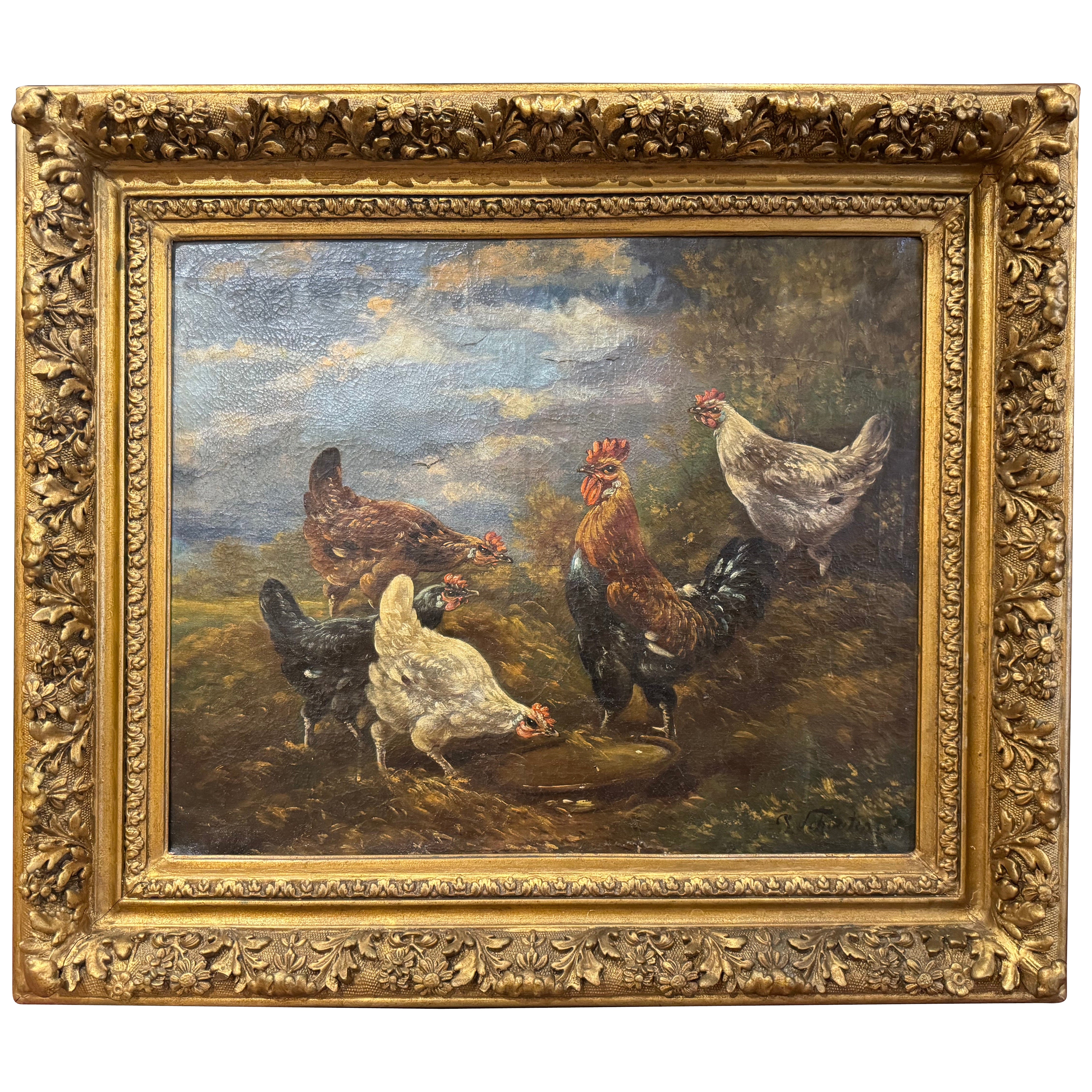 Óleo sobre lienzo del siglo XIX Pintura de pollos en marco dorado Firmado H. Schouten