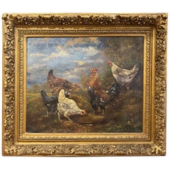Óleo sobre lienzo del siglo XIX Pintura de pollos en marco dorado Firmado H. Schouten