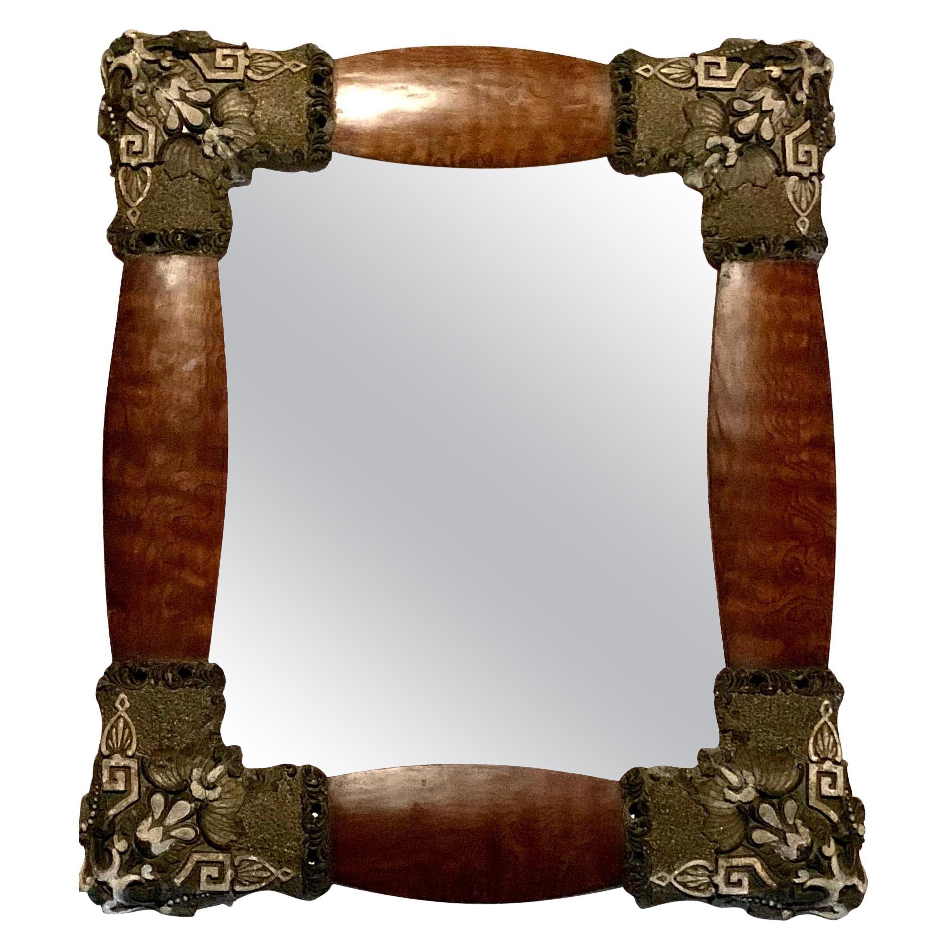 Rare Unusual Antique Art Nouveau Arts and Crafts Figured Oak Parcel Gilt Mirror For Sale