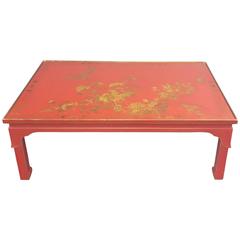 Red Lacquered Chinoiserie Coffee Table with Hand-Painted Top