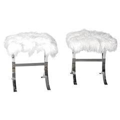 Pair of Baughman for Coggin Chrome X Benches with Llama Upholstery