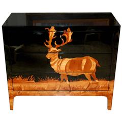 Lacquered and Wood Inlay Deer Design Chest of Drawers