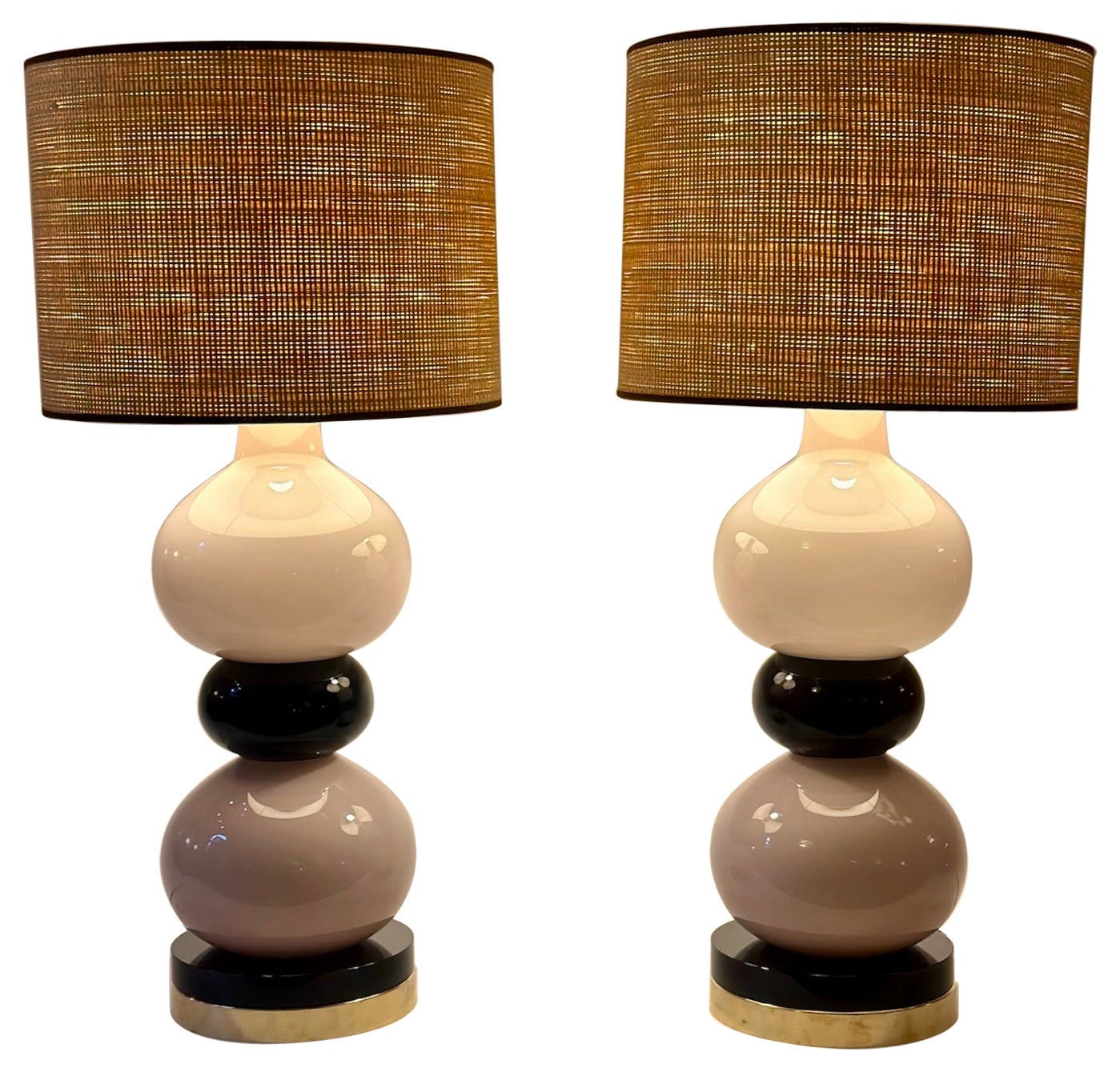 Paire de lampes de table en laiton, verre soufflé de Murano noir et lilas, fin du 20e siècle