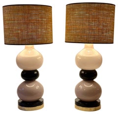 Late 20th Century Pair of Brass w/ Black & Lilac Murano Blown Glass Table Lamps
