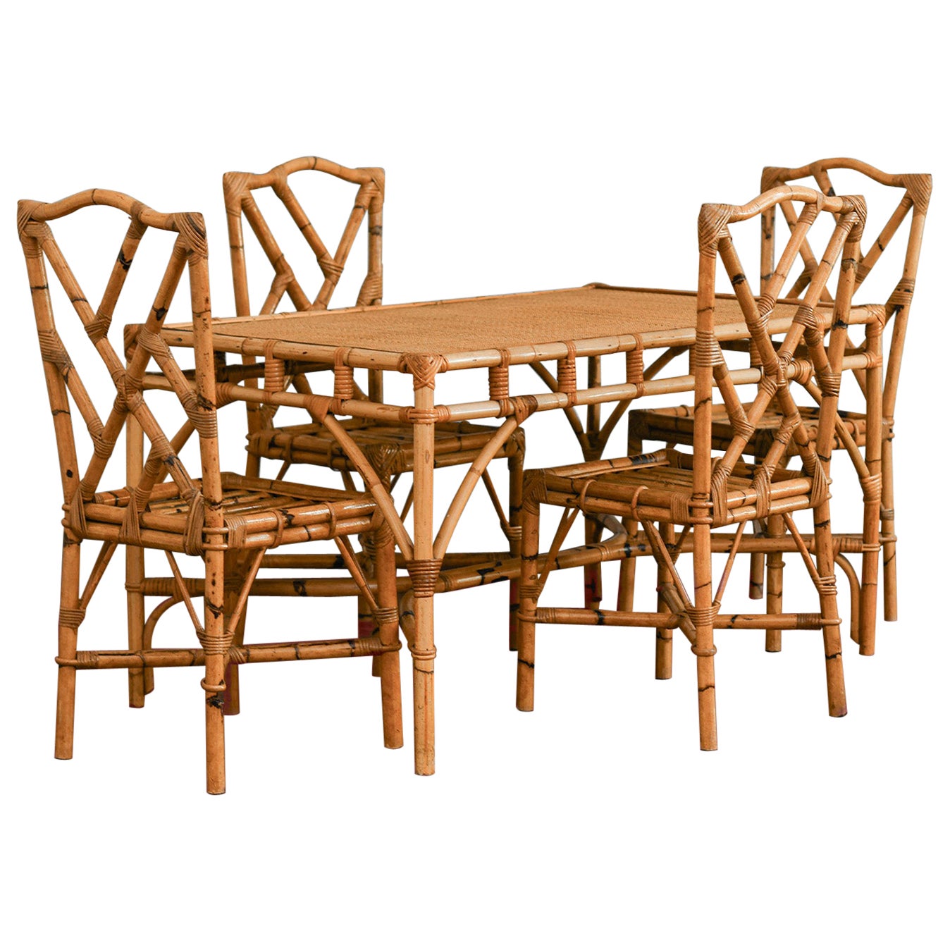 1970s Bamboo and Cane Fabric Dining Set
