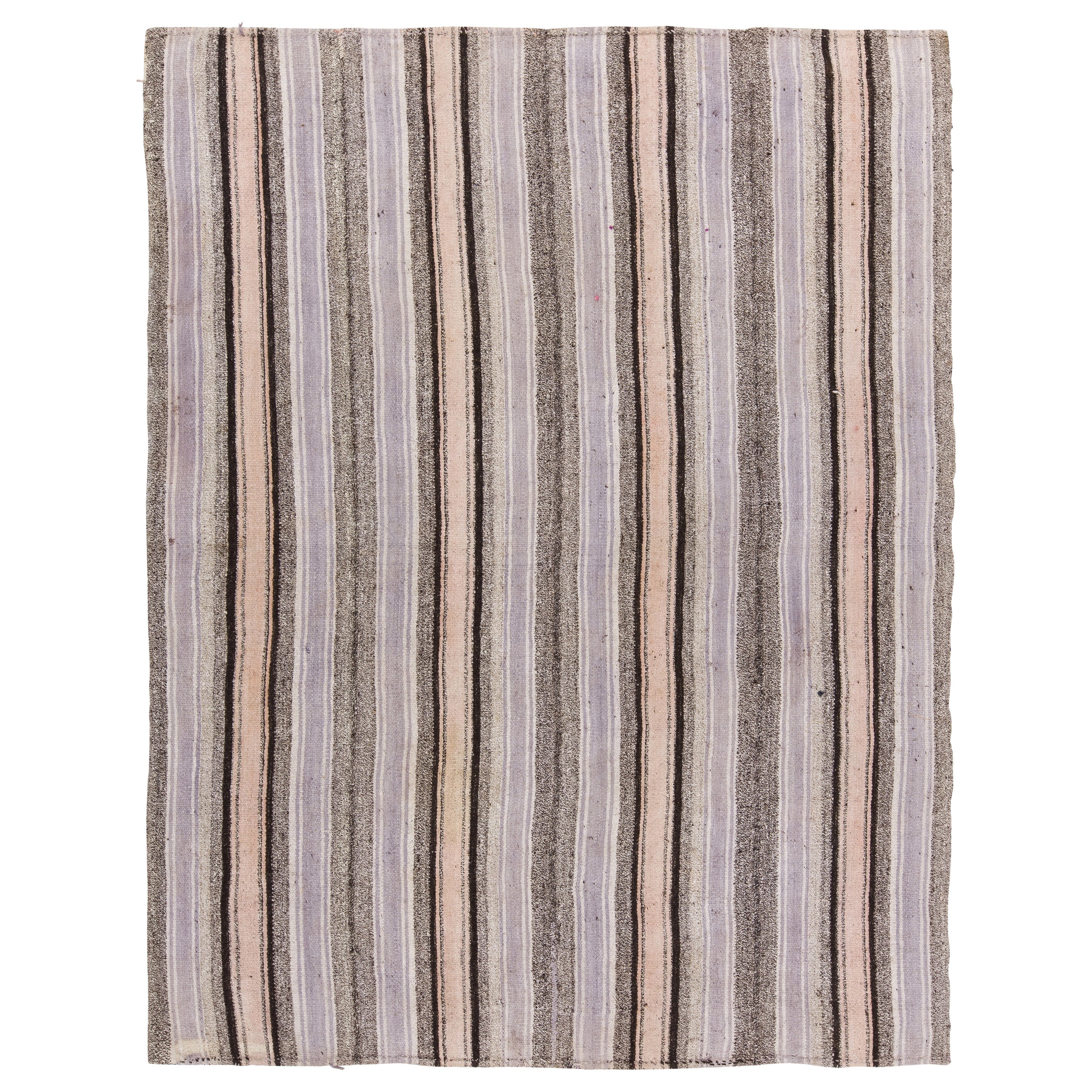 7x9 ft Vintage Hand-Woven Turkish Kilim, Striped Flat-Weave Rug