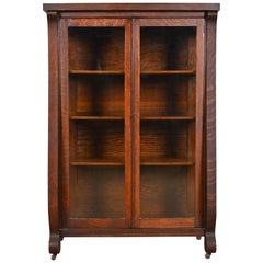 Antique American Empire Oak Glass Front Bookcase Cabinet, Circa 1900
