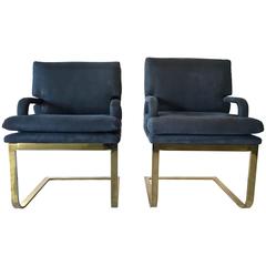 Pair of Brno Style, Flat Bar Brass, Cantilevered Lounge Chairs