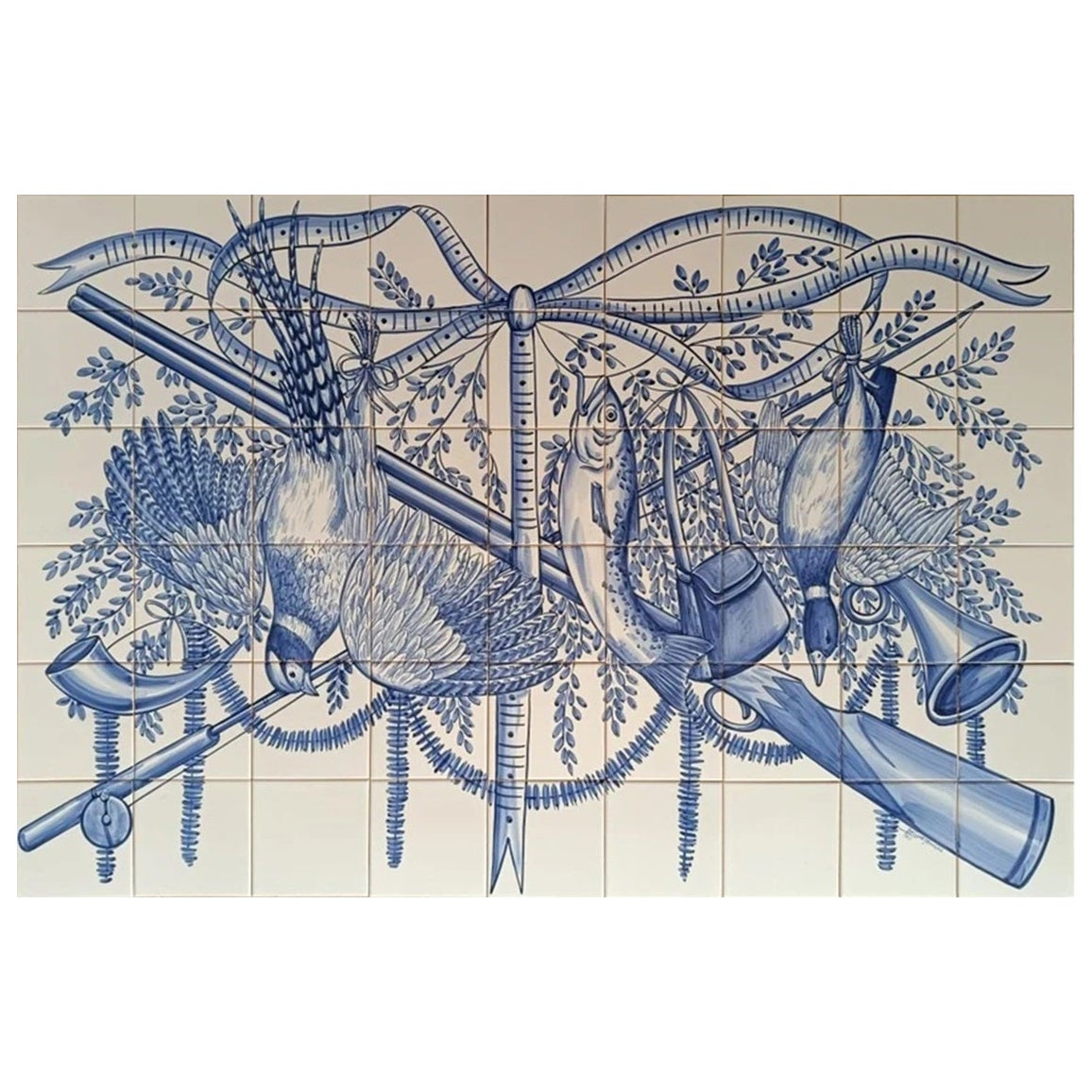 Salpicadero de azulejos de cocina - Azulejos portugueses pintados a mano "Pesca y caza" en venta