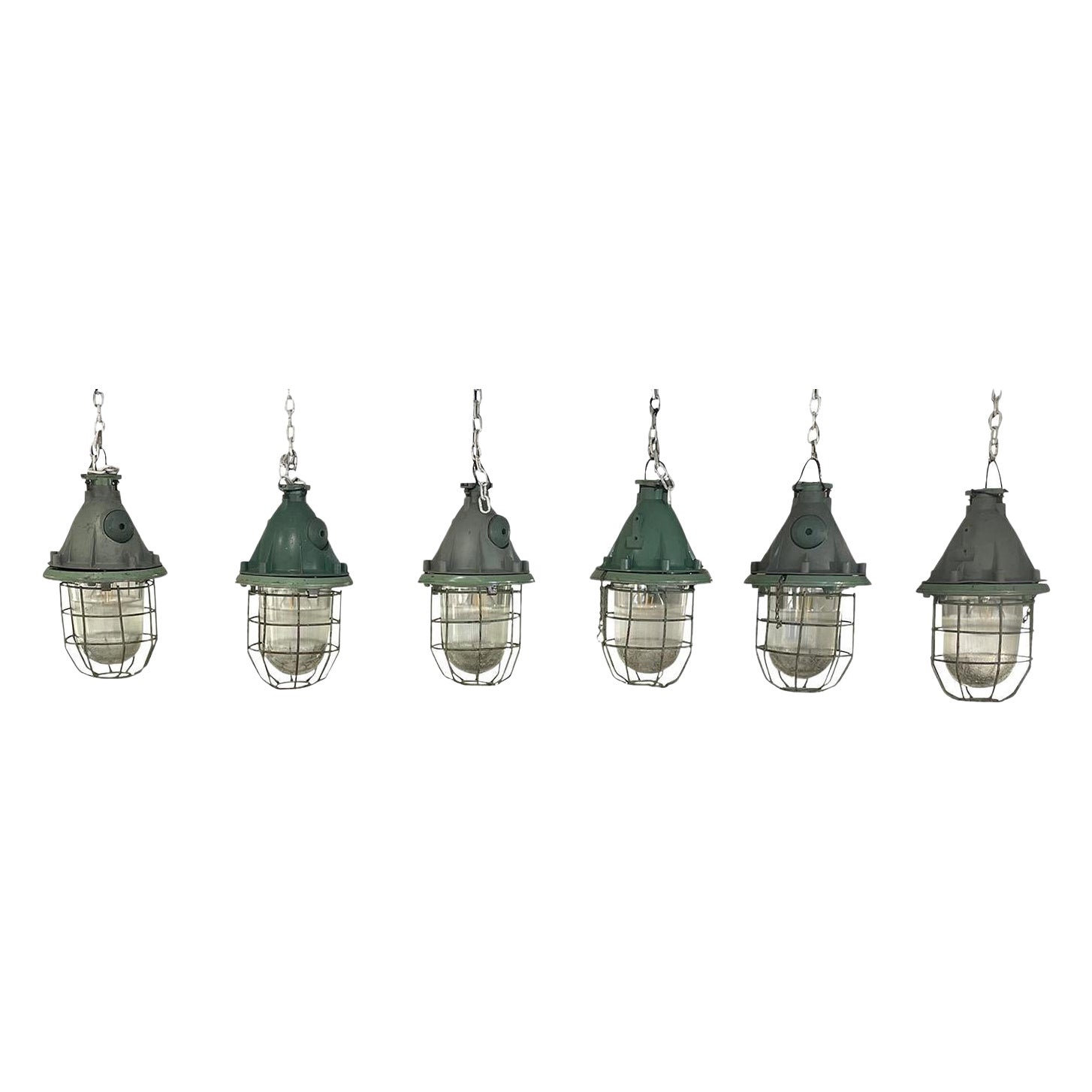 20th Century European Set of Six Vintage Industrial Style Metal Ceiling Lights