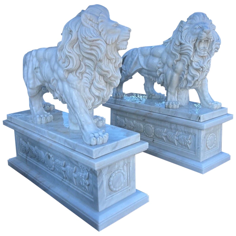 Pair of Carved Marble Standing Estate Lions – Majestic 20th Century Guardians