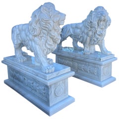 Pair of Carved Marble Standing Estate Lions – Majestic 20th Century Guardians