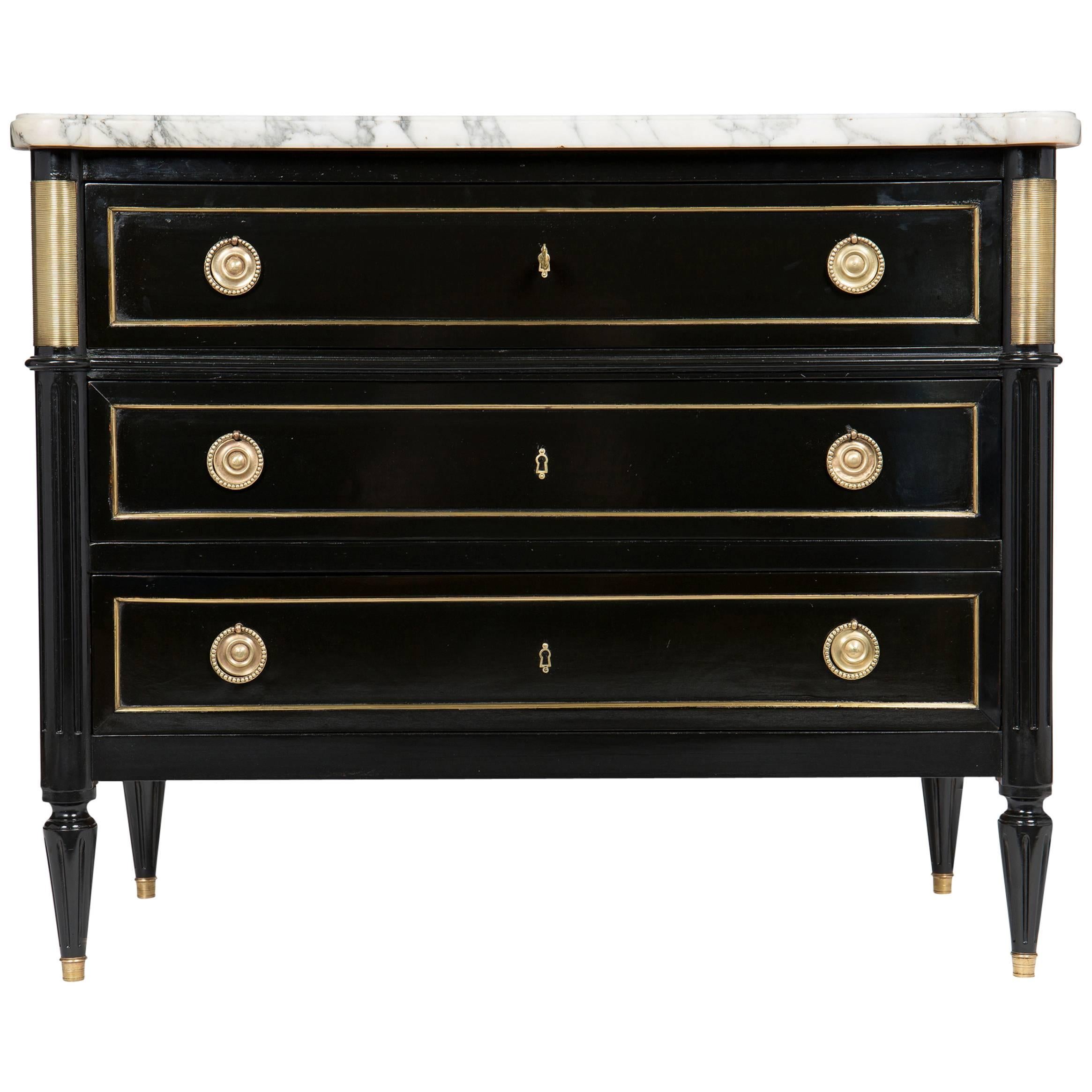 Louis XVI Style Ebonized French Chest of Drawers with White Marble Top