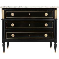 Antique Louis XVI Style Ebonized French Chest of Drawers with White Marble Top