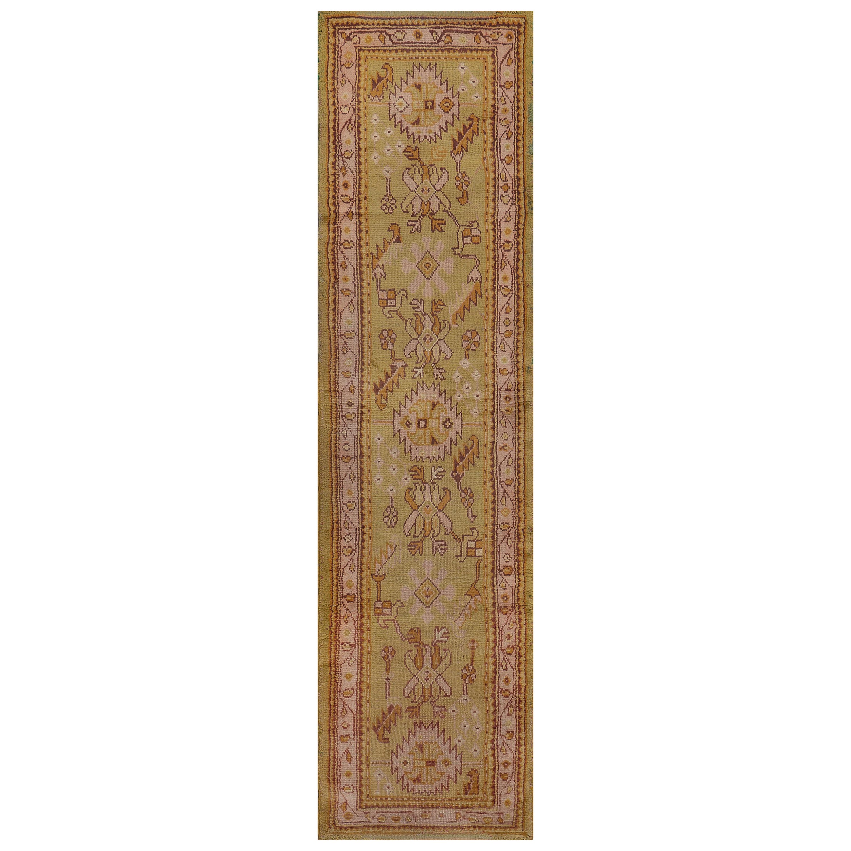 Traditional Antique Pistachio-Green and Pink Anatolian Oushak Runner For Sale