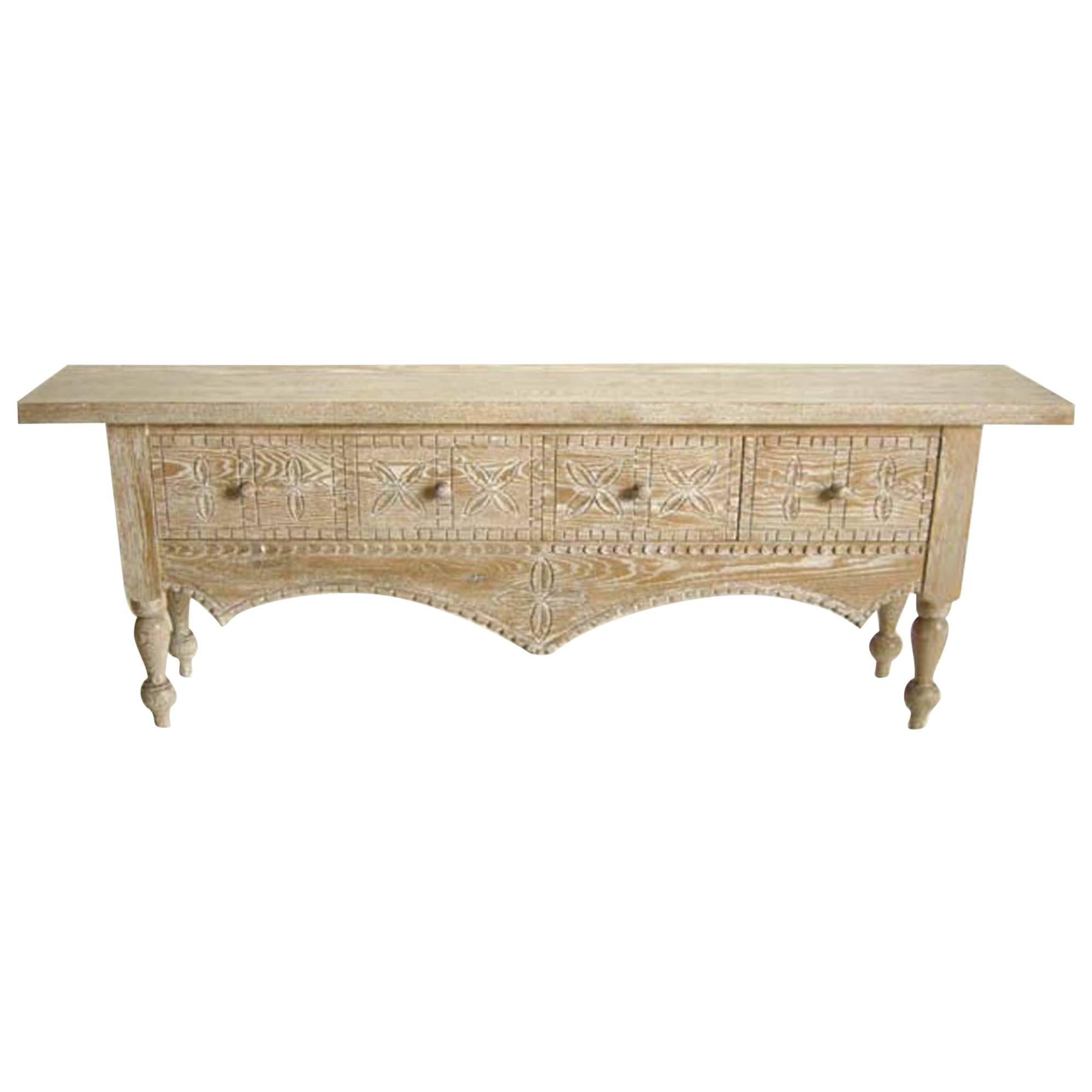 Dos Gallos Custom Ceruse Oak Wood Carved Console With Turned Legs and Drawers For Sale