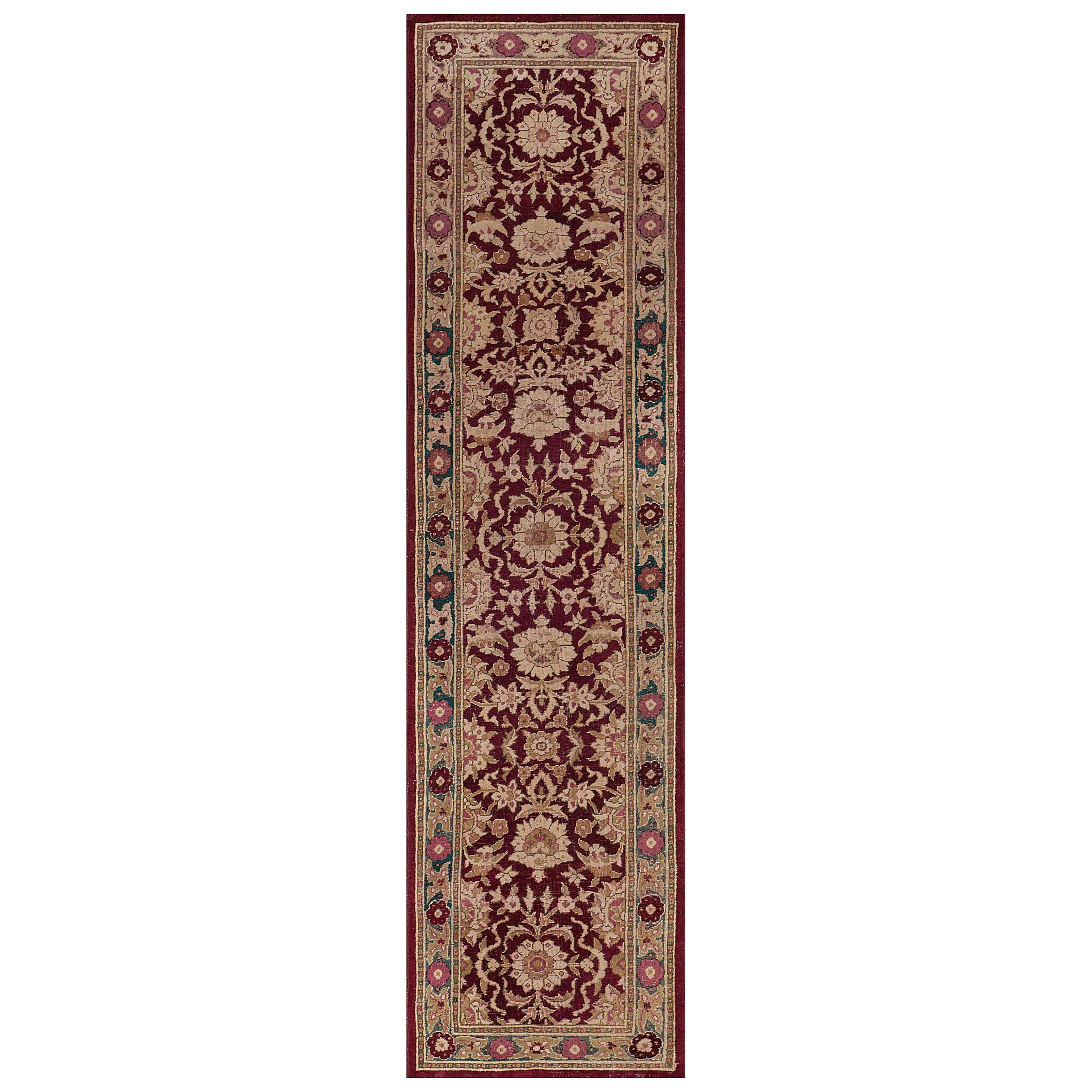 Traditional Wool Antique Burgundy Floral Indian Agra Runner For Sale