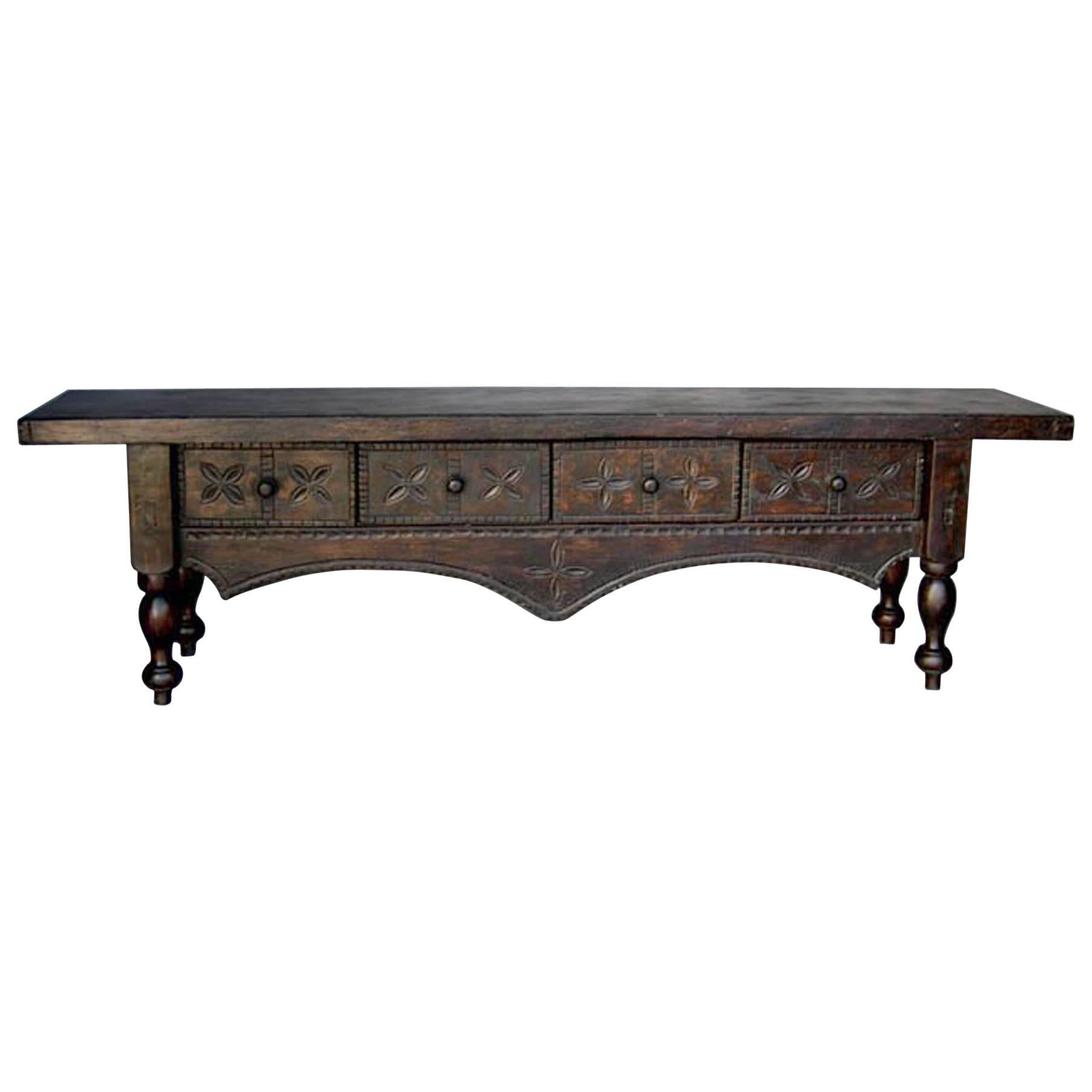 Custom Carved Wood Console With Turned Legs and Drawers