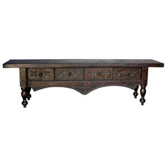 Custom Carved Wood Console With Turned Legs and Drawers by Dos Gallos Studio
