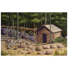 1980s Mountain Mining Cabin Watercolor Painting