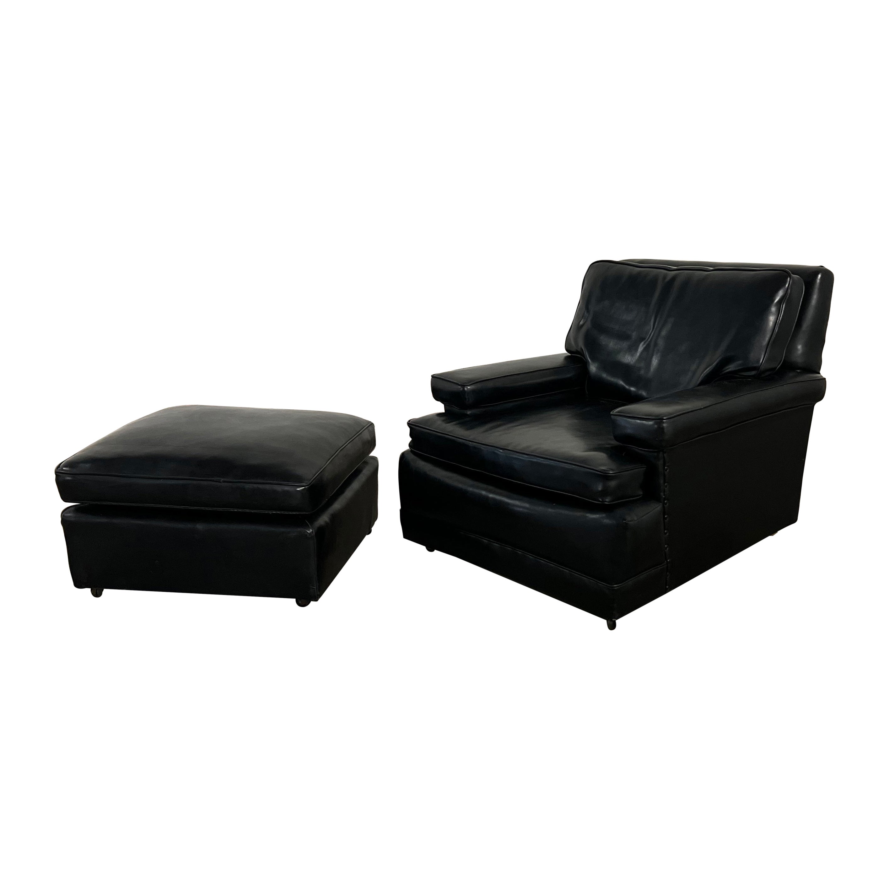 Vintage Art Deco to MCM Black Faux Leather Club Chair & Ottoman w/ Casters For Sale
