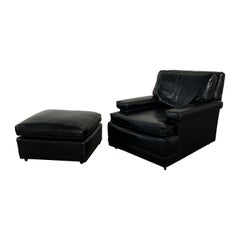 Vintage Art Deco to MCM Black Faux Leather Club Chair & Ottoman w/ Casters