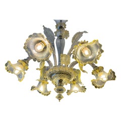 Murano Glass Six-Arms Yellow and White Chandelier, 1960