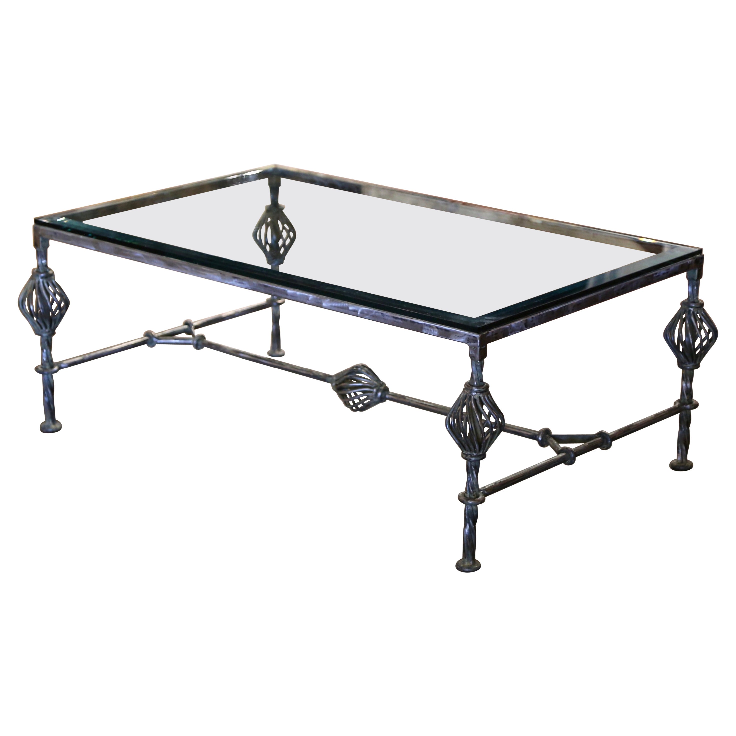 Vintage Beveled Glas poliert geschmiedetes Eisen Couchtisch