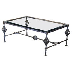 Vintage Beveled Glass Polished Forged Wrought Iron Coffee Table