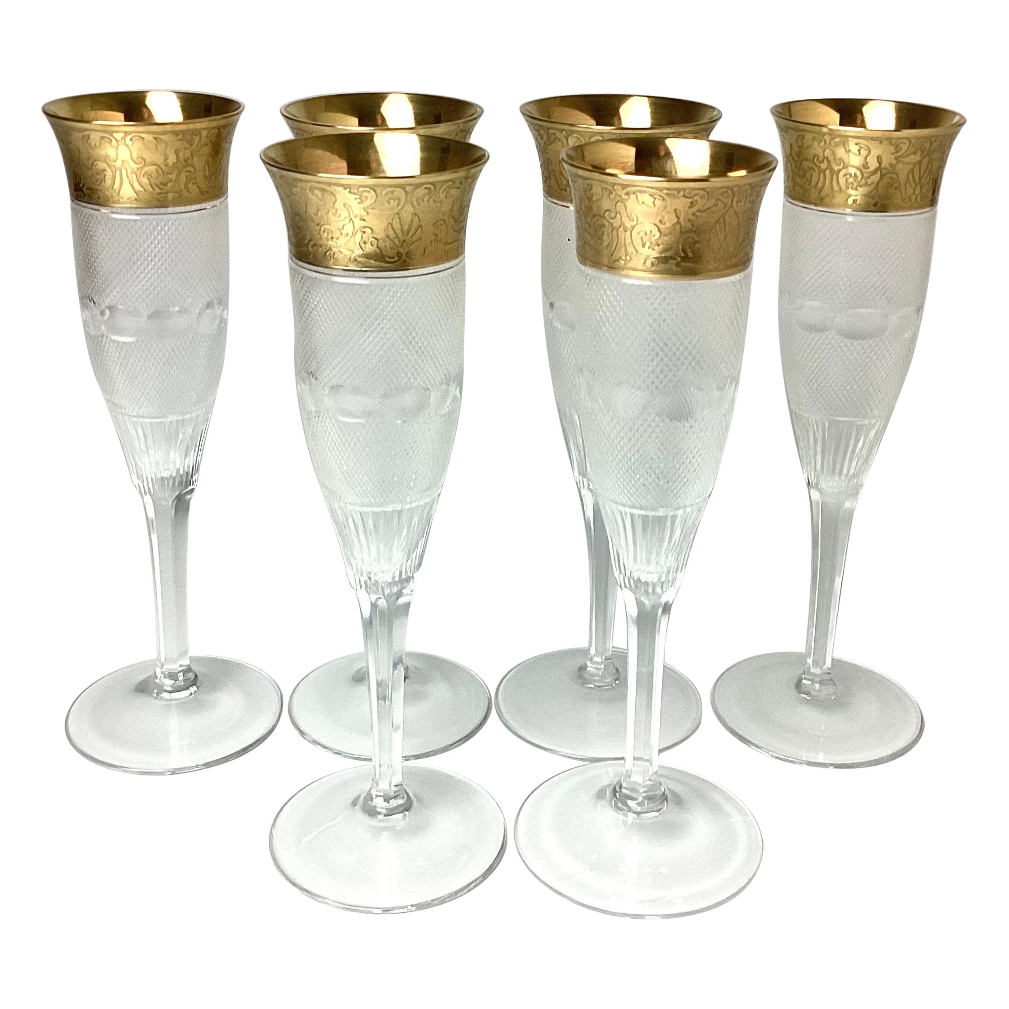 Set di 6 flûte da champagne in cristallo tagliato e oro di Moser del 1960