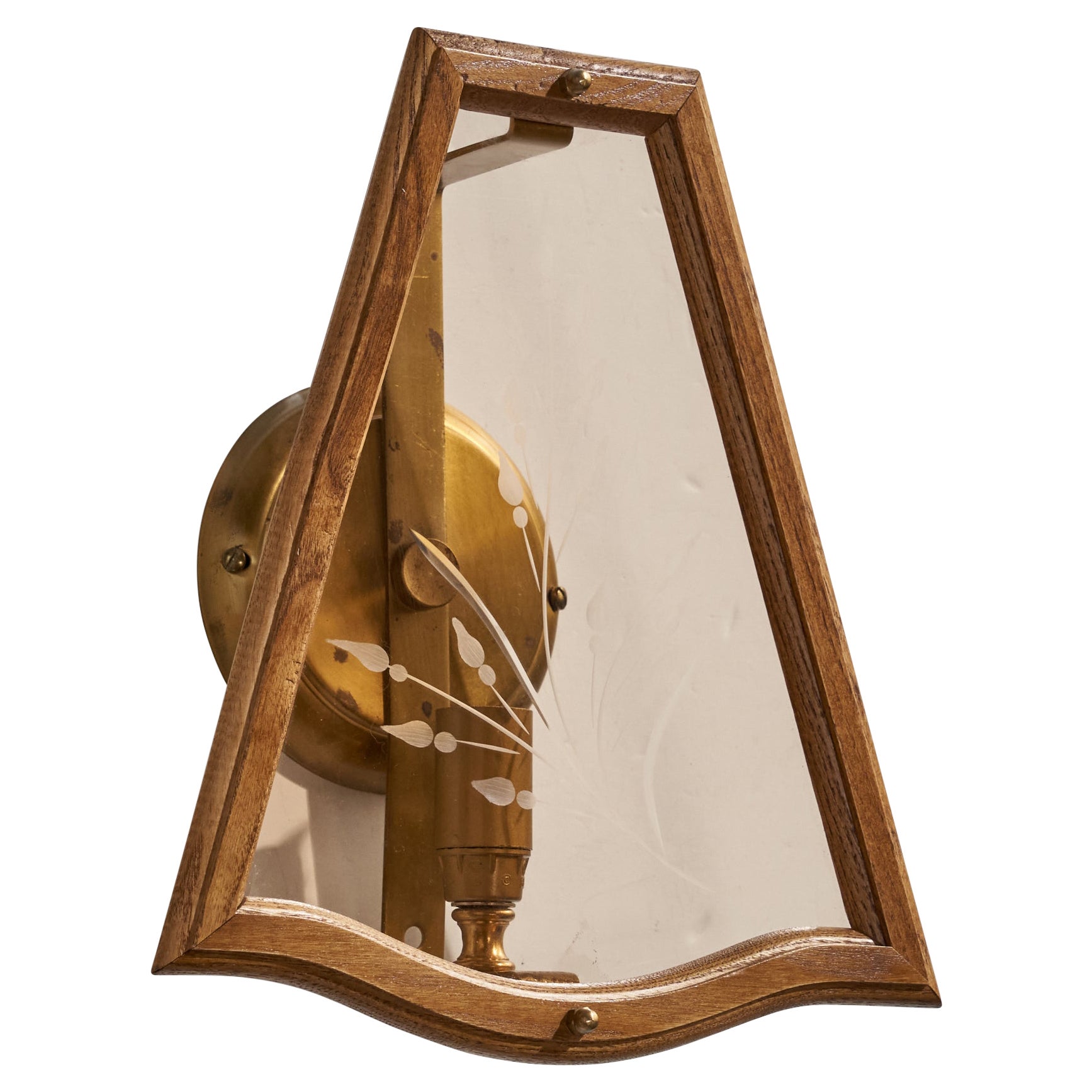 Swedish Designer, Wall Light, Brass, Glass, Oak, Sweden, 1970s