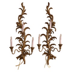 Pair of Early 20th Century Italian Carved Giltwood Wall Sconces with Leaf Motifs