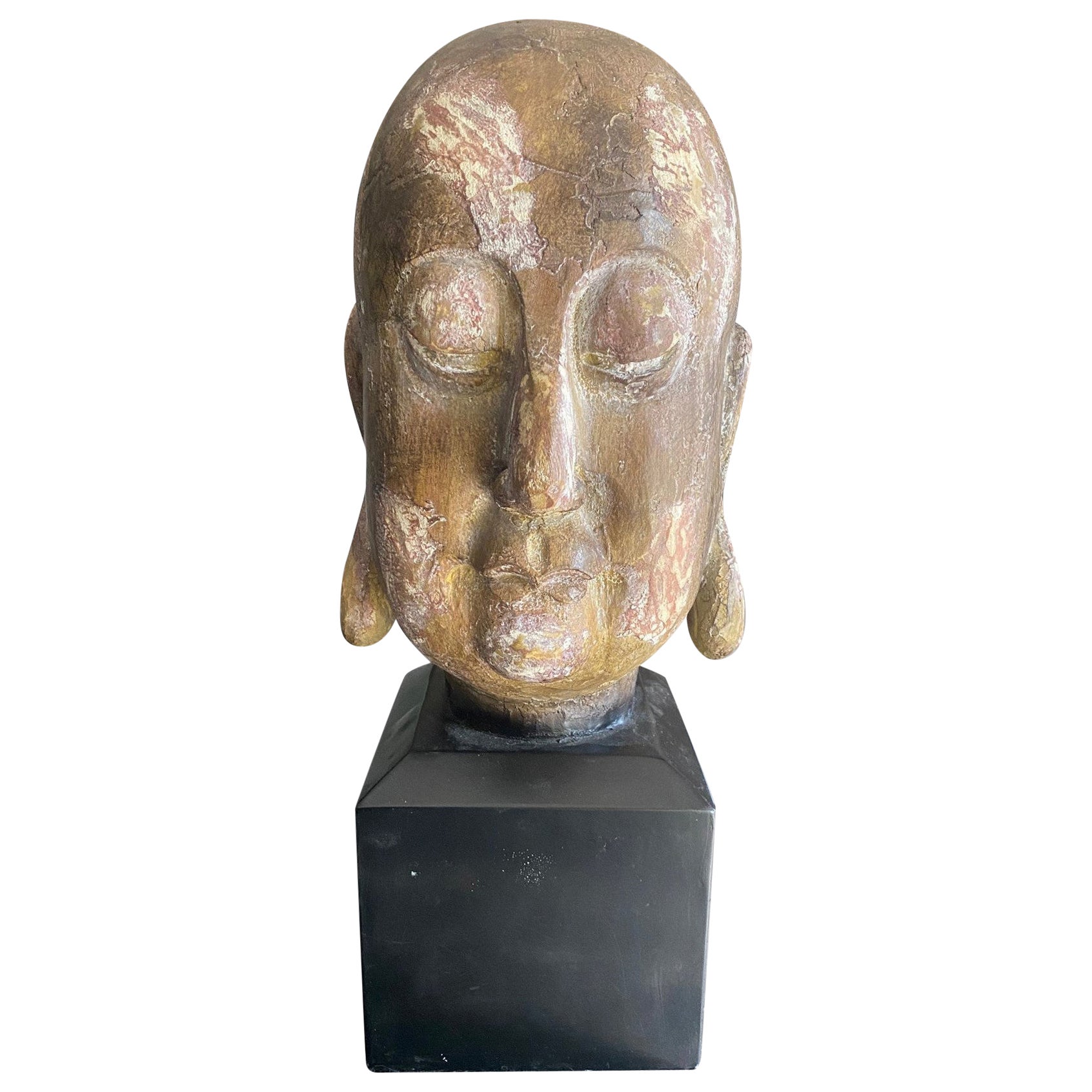 Große heitere asiatische Holz geschnitzt Buddha Kopf Büste auf Display Stand