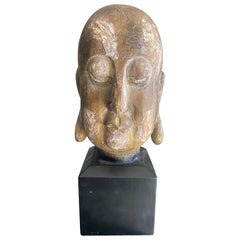 Große heitere asiatische Holz geschnitzt Buddha Kopf Büste auf Display Stand