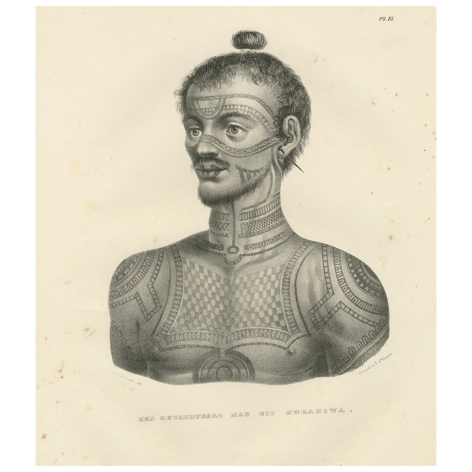 Un uomo tatuato di Nuku Hiva, Polinesia Francese, di Joseph Brodtmann, 1836