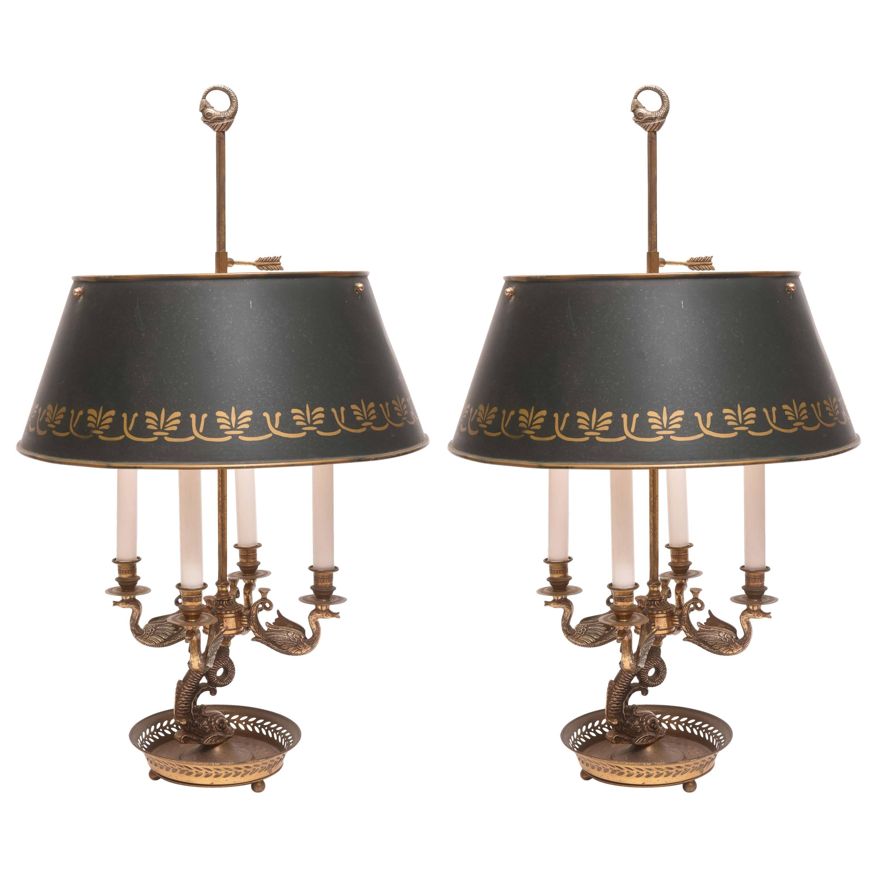 Pair of 19th Century Bronze Dolphin and Swan Bouillotte Lamps