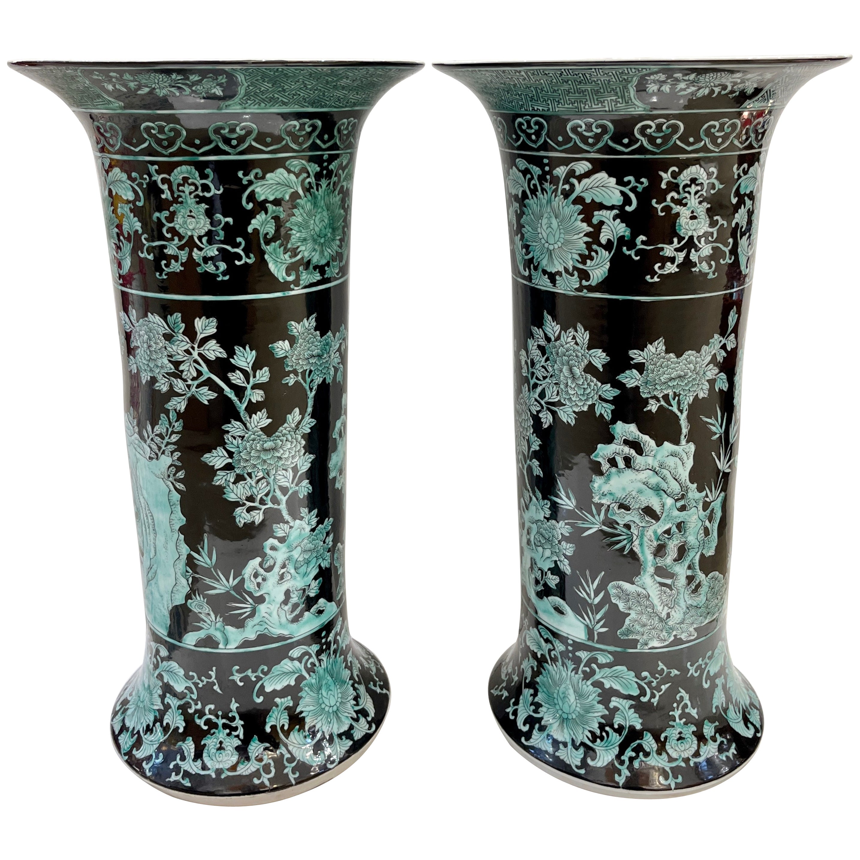 Pair Mid-20th Century Chinese Export Jet Black Green Porcelain Tall Roll Vases For Sale