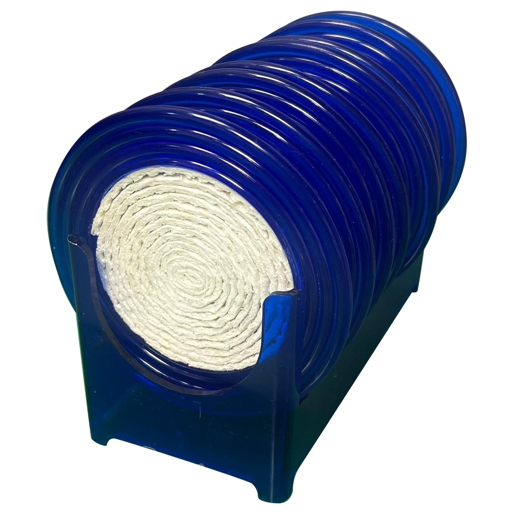 1970’s Blue Lucite and Rope Coasters With Holder - a Set of 9