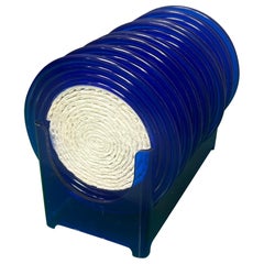 1970’s Blue Lucite and Rope Coasters With Holder - a Set of 9