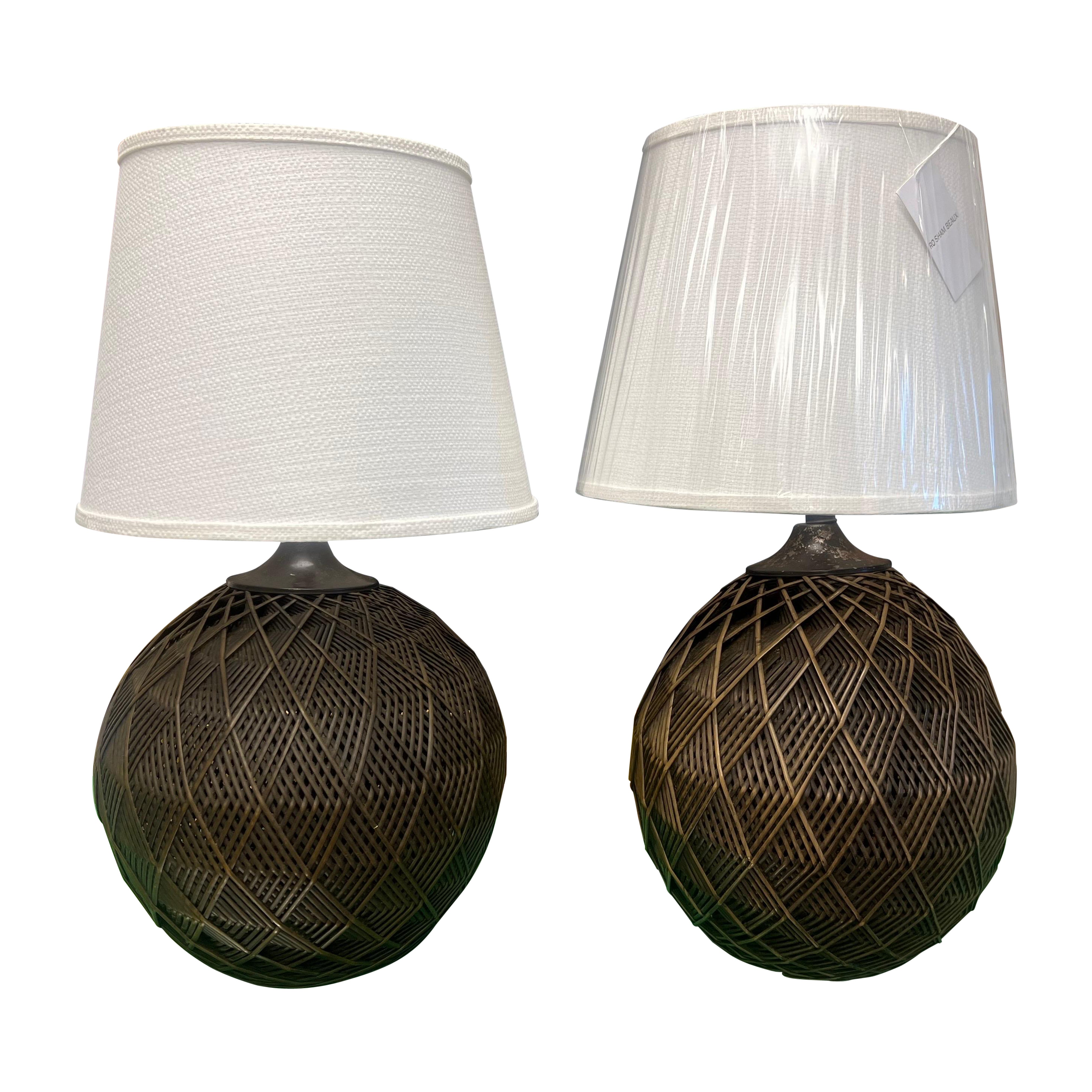 1970’s Woven Wicker Geometric Table Lamps With Ro Sham Beaux Shades - a Pair
