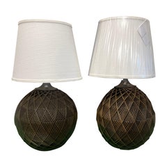 1970’s Woven Wicker Geometric Table Lamps With Ro Sham Beaux Shades - a Pair