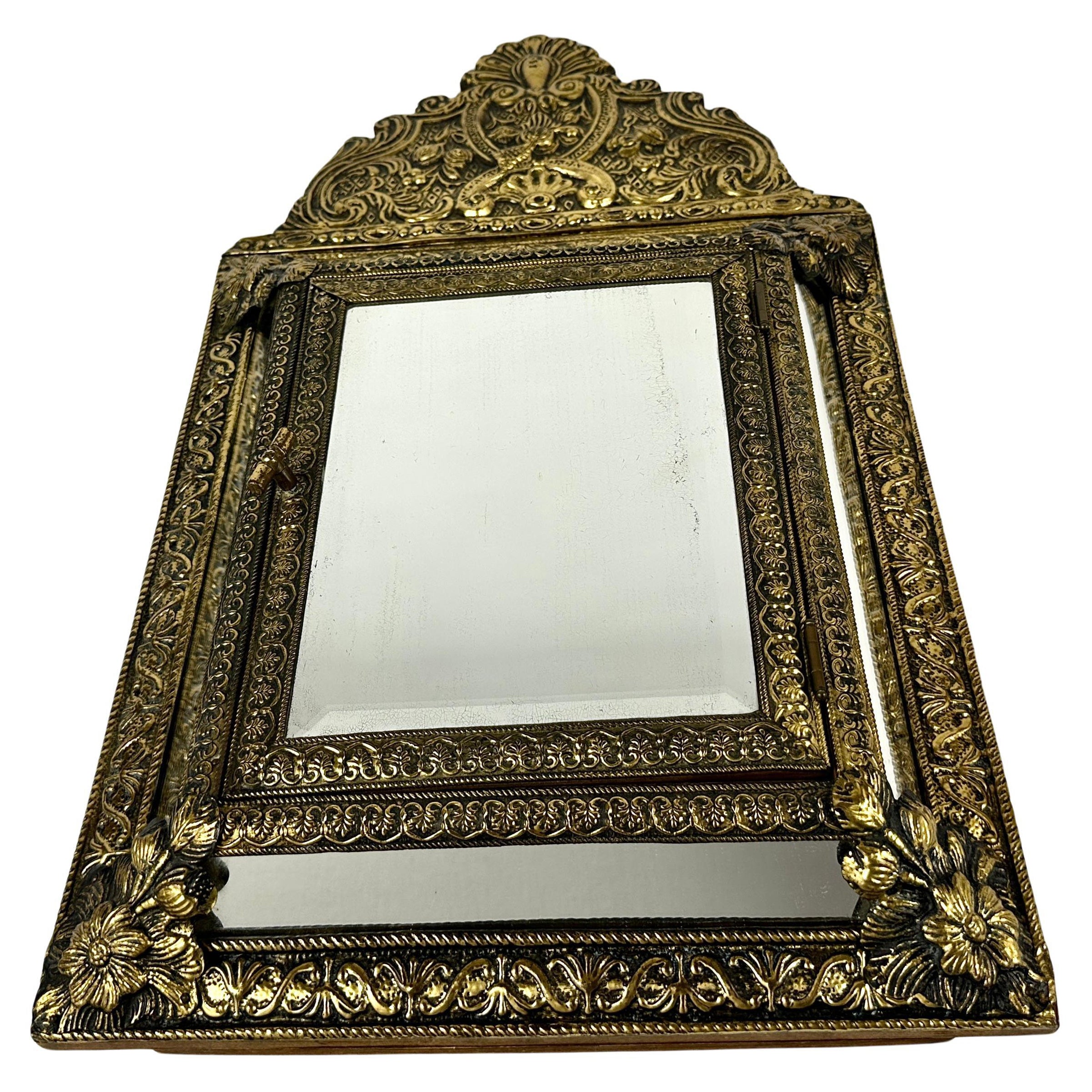 Antique Mirror Cabinet Clothes Care/Keys Bronze 1930s, France