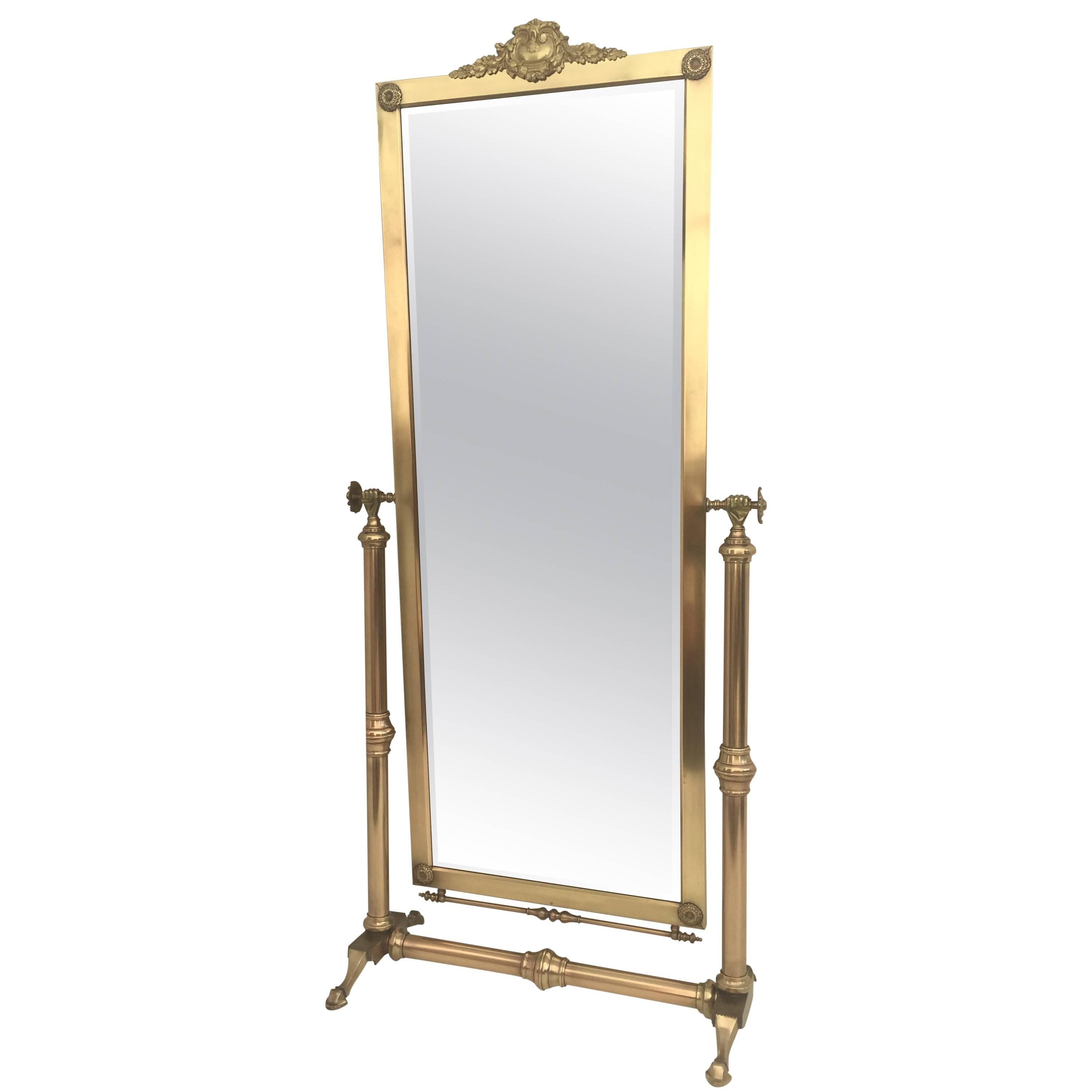 Neoclassical Brass Cheval Tilting Floor Mirror